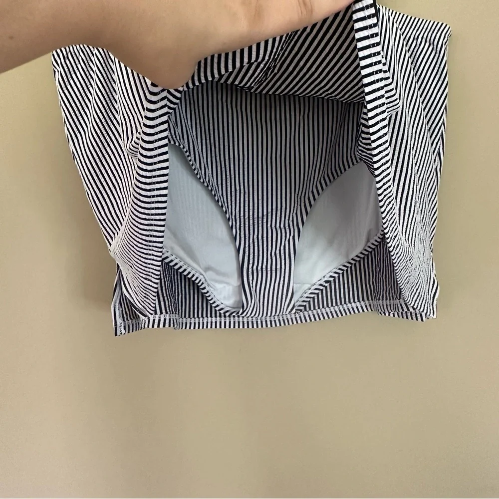 Cacique Swim Suit 42DDD Top sz 24 Bottom Navy White Seersucker Tankini Plunge - Picture 8 of 15